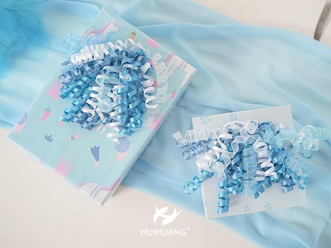 HUIHUANG Blue Bows for Gift Wrapping Blue and White Curly Bows with Self Adhesive & Twist Tie, 7 inch Gift Bow for Presents, Gift Basket, Baby Shower, Christmas Decor, Party Favors- 6 Counts