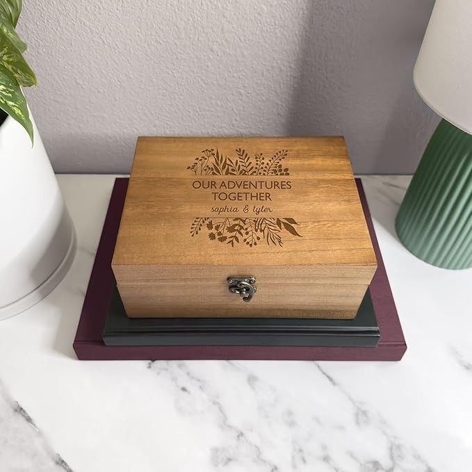 Let's Make Memories Personalized Wooden Keepsake Box With Hinged Lid - Wood Memento Box - Decorative Storage - Home Decor - For Couples, Wedding, Newlyweds - Laser Engraved - Our Adventures Together