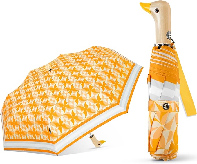 Cute Duck Umbrella Automatic - Compact Pretty Pocket Size Strong Duck Collapsible Umbrella Yellow Wooden Handle for Women