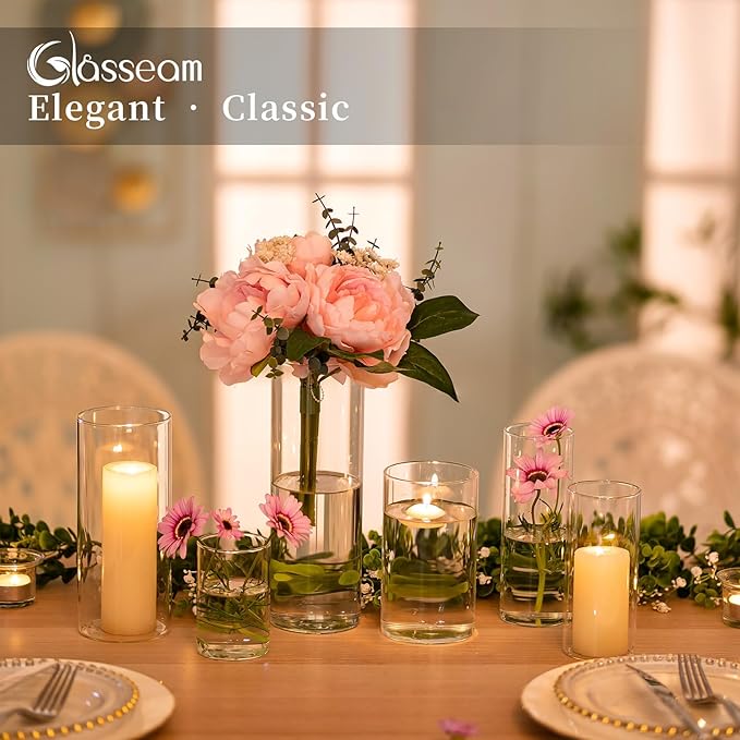 Glasseam Clear Cylinder Vases Set, 24Pcs Glass Vases for Centerpieces Bulk, Modern Floating Candle Holder for Decor, Hurricane Candle Holders for Wedding Table Decor (5.5"/7.5"/9.5")