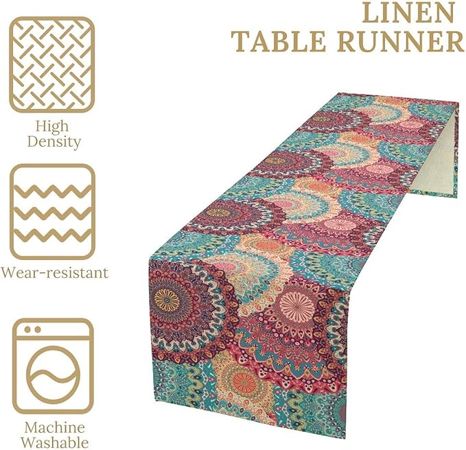Bohemian Table Runner, Colorful Traditional Blue Pink Mandala Flower Table Runner for Kitchen Dining Cafe Party Decor, 13x60 Inch