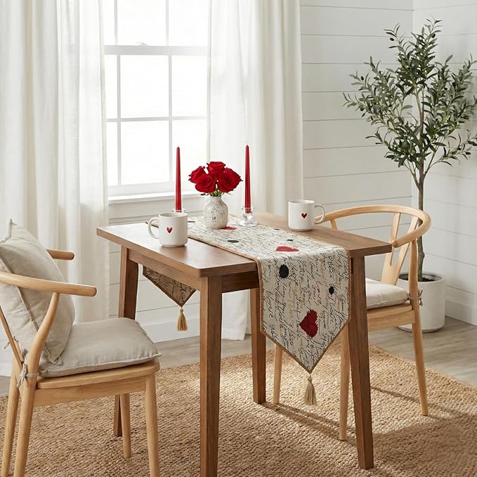 Tache Romantic Cursive Handwritten Love Letter Valentine Hearts Beige Table Runner - Vintage Farmhouse Woven Tapestry Kitchen Dining Dinner Linen Napery Cloth - 13 x 54 inches