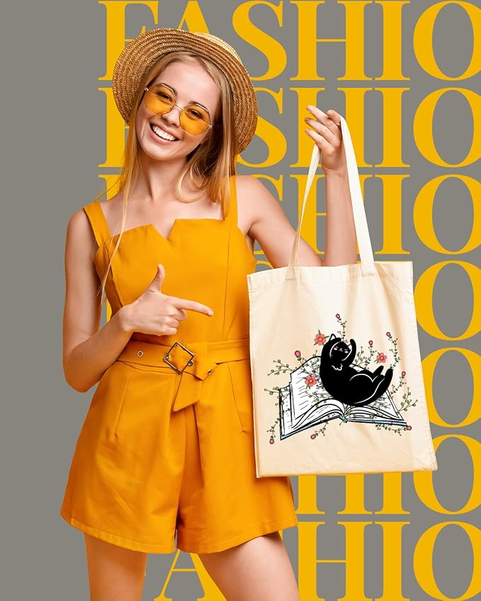 AUSVKAI Cute Book Canvas Tote Bag Aesthetic For Women Grocery Bag Cotton Beach Totes Gift-Black Cat Book