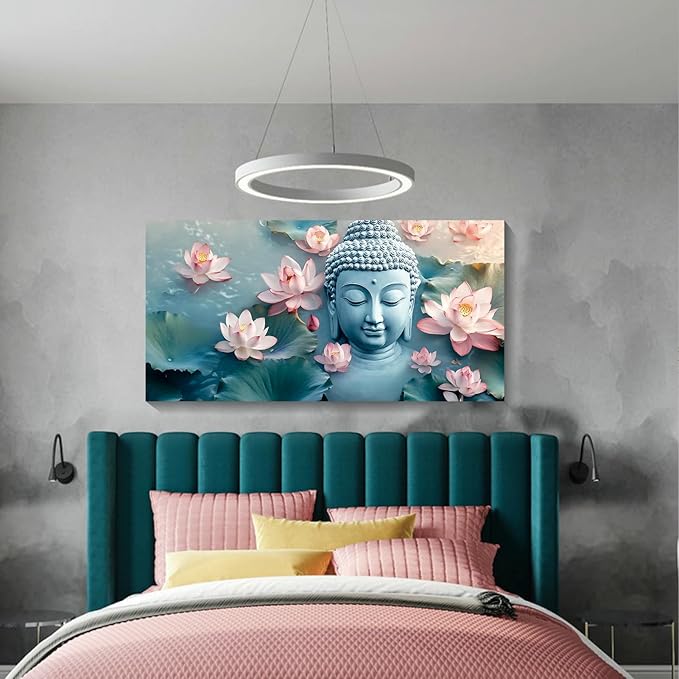 Iallbin Buddha Wall Art & Zen Wall Decor, White Lotus on Water Canvas Painting - for Yoga Meditation Room, Spa & Bathroom, Blue Art Deco Style, 58x29 Inches