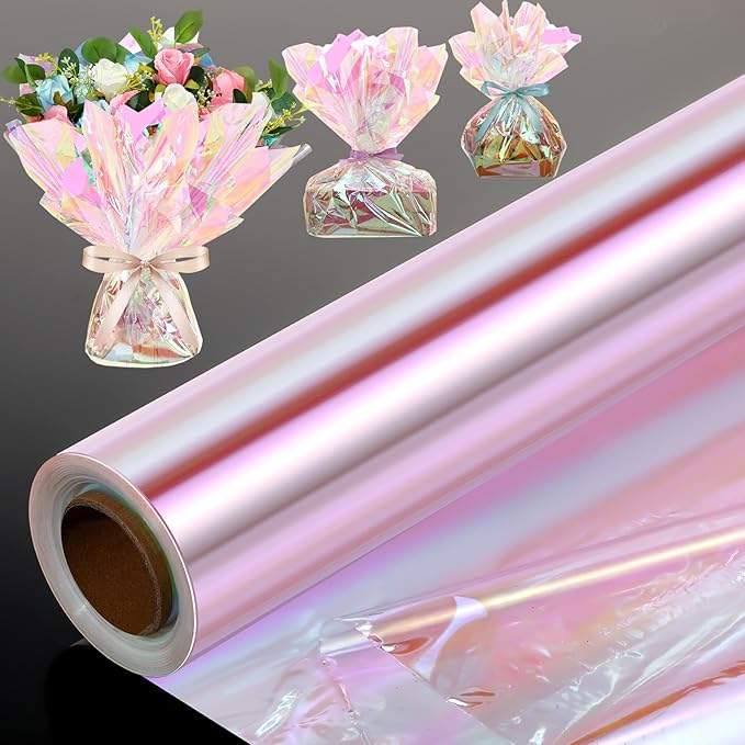 Seajan 32 in x 200 ft Iridescent Cellophane Wrap Roll, Rainbow Wrapping Paper Holographic Cellophane Wrap for Baskets Flower Bouquet DIY Treats Christmas Gifts Wrapping (Red Iridescent)