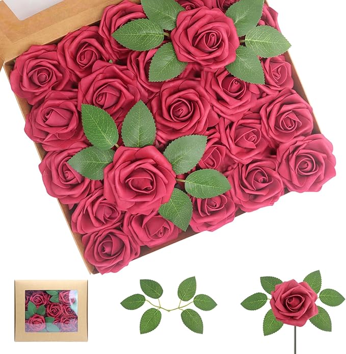 100PCS Burgundy Artificial Flowers Roses Real Looking Foam Fake Roses with Leaves for DIY Wedding Bouquets Bridal Shower Centerpieces Party Decorations (Burgundy, 100)