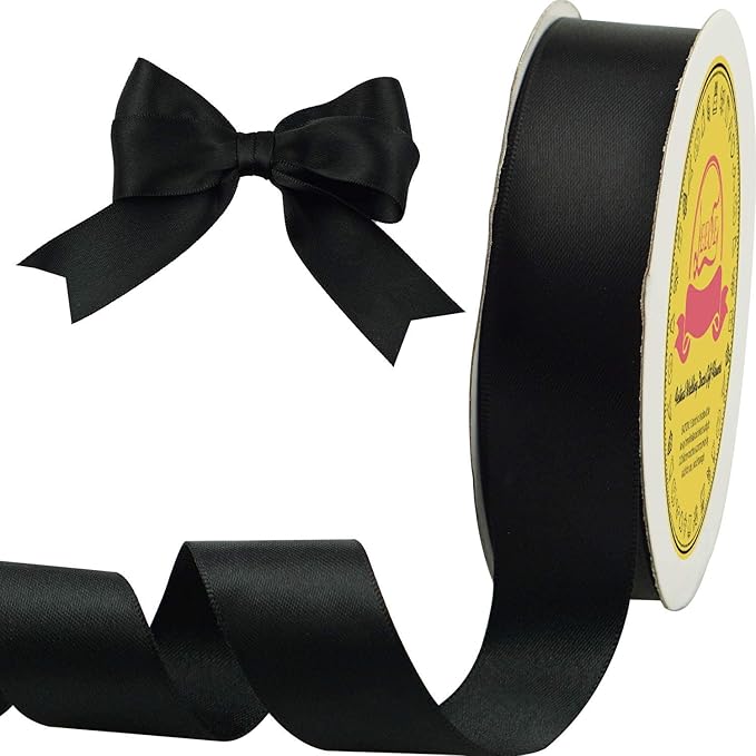 Black Double Face Satin Ribbon 1 inch X 25 Yards Spool Very Suitable for Weddings Gift Package Wrapping Dancer Wand Sewing Party Hair Bow Invitation Decorations and More