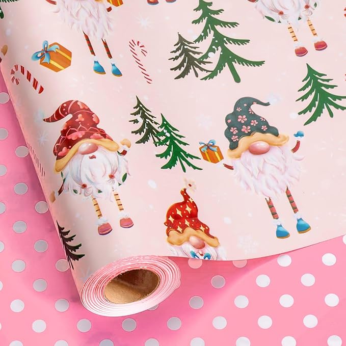 MAYPLUSS Christmas Wrapping Paper - 17 Inch X 33 Feet - Metallic Gift Wrapping Paper Christmas Tree Holly Cute Gnome Candy Cane Snowflakes Reversible Polka Dot for Holiday Party New Year Kids