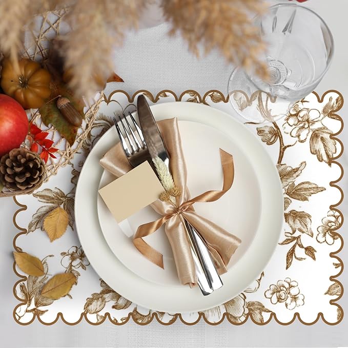 100 Pcs Brown Floral Paper Placemat Scalloped Disposable Chinoiserie Paper Table Placemats Brown Place Mats for Birthday Wedding Banquet Holiday Party