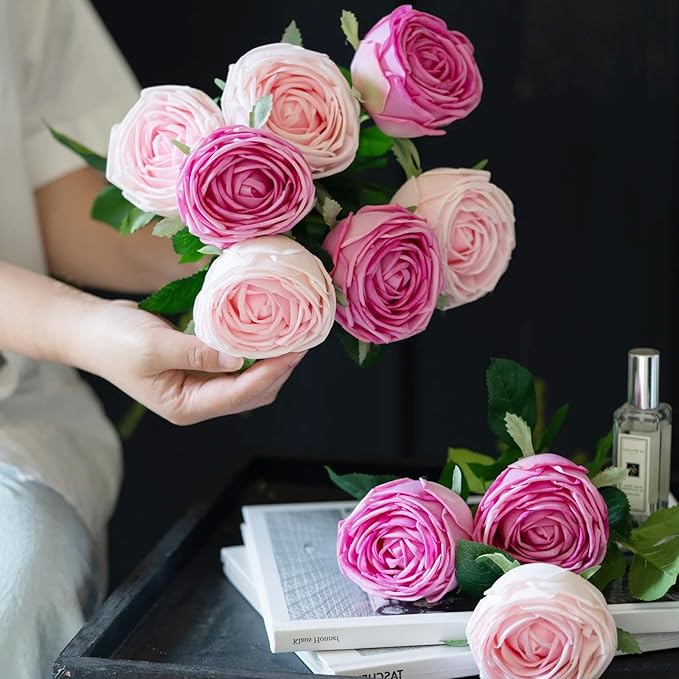 5Pcs Mixed Real Touch Artificial Silk Flowers with Stems - Lifelike Latex Austin Rose Peony for Wedding Bouquets, Home Decor, DIY Floral Arrangements