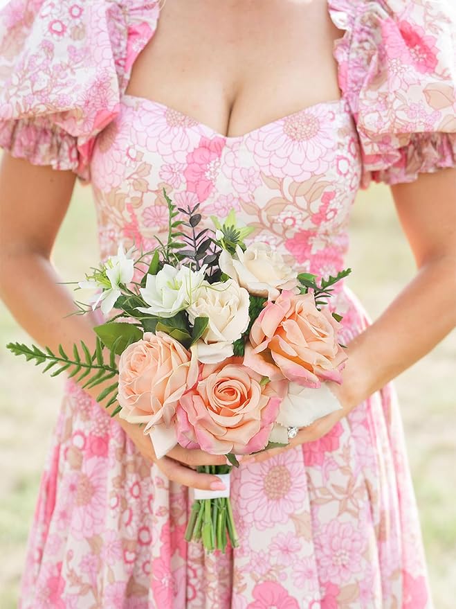 Rinlong 1Pc Pink Champagne Bridesmaids Bouquet Artificial Wedding Bouquets for Bridesmaid Silk Bouquet for Homecoming Prom