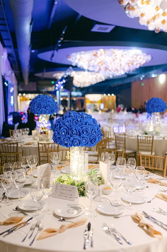 IPOPU 100pcs Royal Blue Artificial Rose Heads with Crystal 3in Real Looking Foam Fake Roses for DIY Craft Wedding Bouquets Wall Decoration Bridal Shower Arrangement Home Decorations(Royal Blue)