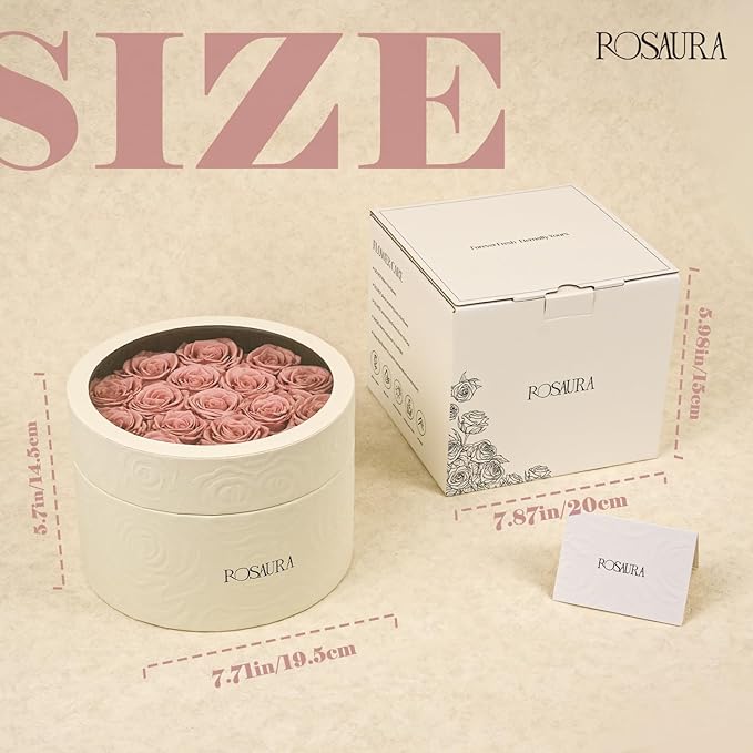 Rosaura Round Preserved Roses Gift Box - Real Forever Flowers for Birthday, Valentine's & Mother's Day (Cappuccino, 17 Roses)