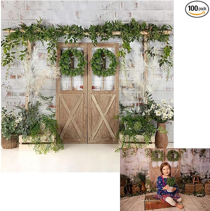 Kate Rustic White Painted Brick Wall Wood Door Photography Backdrops 8x8ft Spring Green Grass and Flowers Photo Backgrounds Baby Shower Backdrop Photoshoot Props