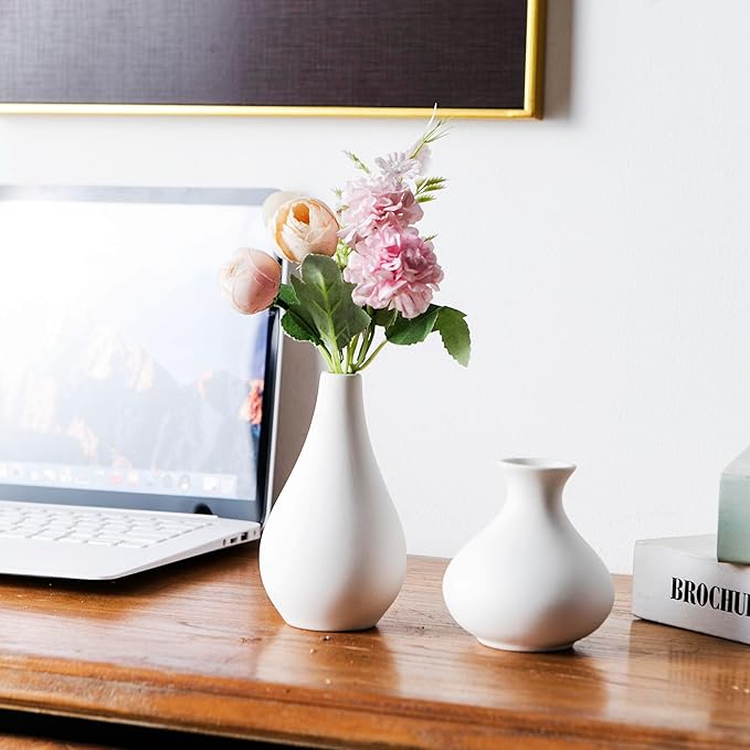 White Ceramic Bud Vase Set of 5, Small Vase for Modern Home Decor, Mini Pottery Vases, Boho Decorative Vase for Living Room Fireplace, Centerpiece Table Decorations