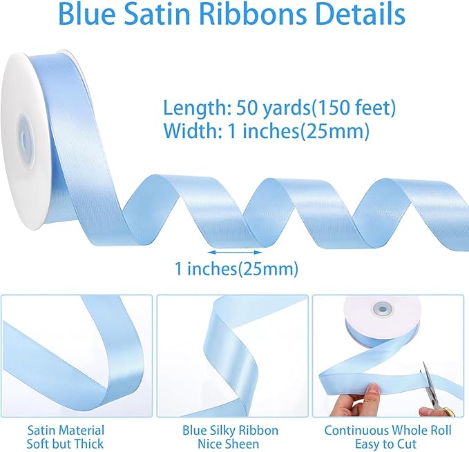 Blue Ribbon 1 Inch 50 Yards Light Baby Blue Satin Ribbon for Baby Bridal Shower Party Nursery Decor Wedding Christmas Gift Wrapping Hair Bows
