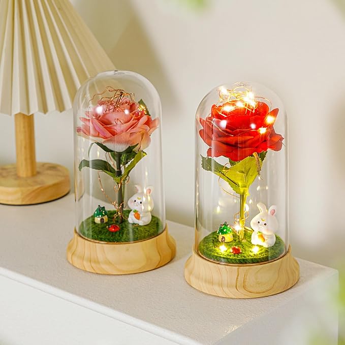 Levvohd Red Roses from Daughter for Mom Mothers Day, Beauty and The Beast Rose, with LED Light Up Plastic Rose in Dome, for Wife Grandma Christmas Day Valentine Day Birthday for Her Gift (Rabbit)