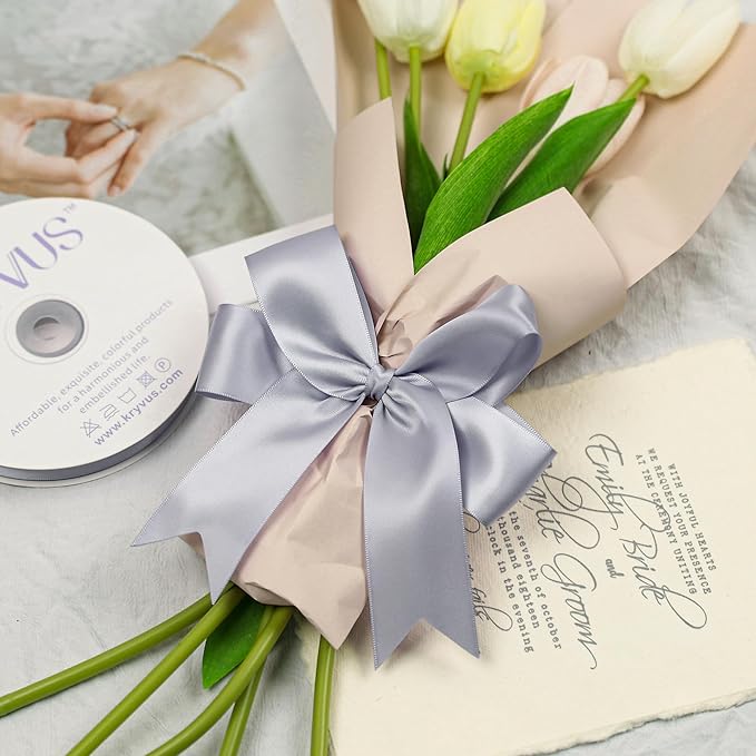Gray Satin Ribbon, Double Faced 1-1/2 Inch X 50 Yards Gray Ribbon, Premium Satin Ribbon for Gift Wrapping, Crafts, Hair Bow Making, Sewing, Flower Bouquet, Wedding Party Decor