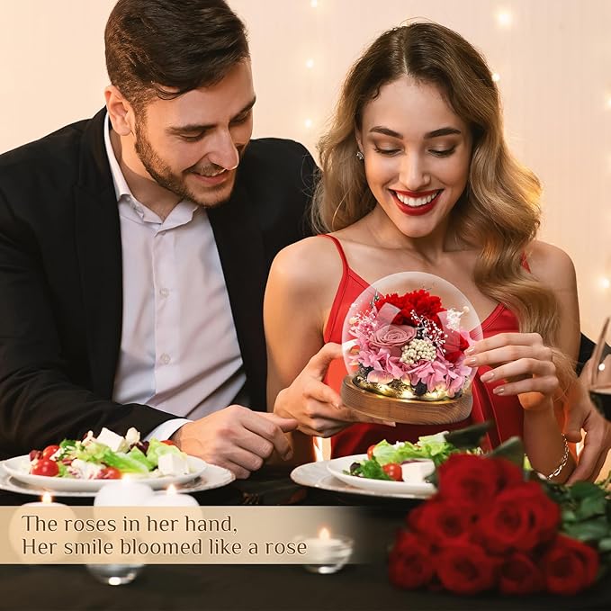 Preserved Flowers,Rose in Glass Dome with LED Light, Gifts for Her, Women, Mom,Grandma,Girlfriend, Wife- Style3