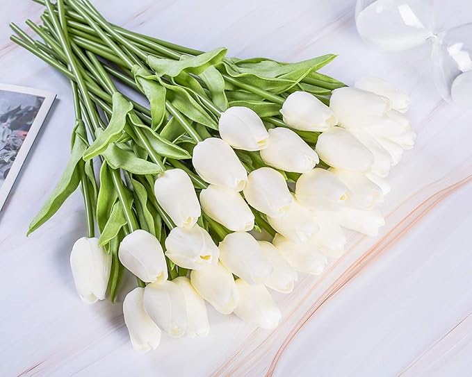 30pcs Artificial Tulips Flowers Real Touch Tulips Fake Holland PU Tulip Bouquet Latex Flower White Tulip for Wedding Party Office Home Kitchen Decoration (Milk White)