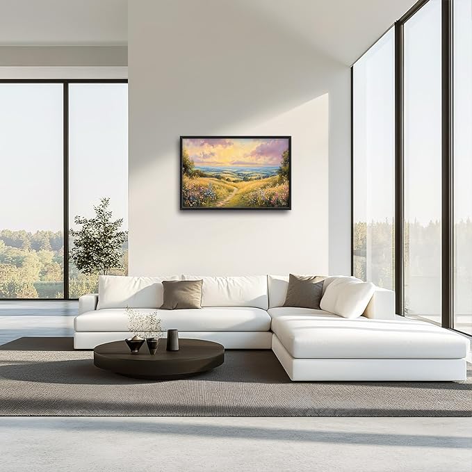 Framed Large Landscape Wall Art for Living Room, Oversized Farmhouse Countryside Nature Wall Decor Wildflower Field Canvas Painting Floral Pictures Modern Artwork for Bedroom Office 36"x24"