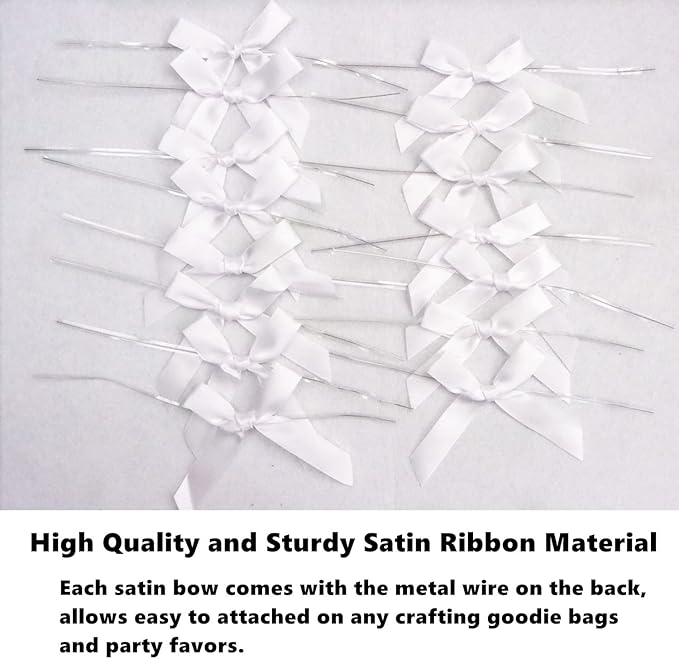 50 Pieces White Bow Twist Ties for Bags, Satin Twist Tie Bows for Cake Pops, Twist Bows for Treats, Pre Tied Bows for Gifts Wrapping, Ribbon Bows, Pretied Bows for Christmas Gift Wrap Bows