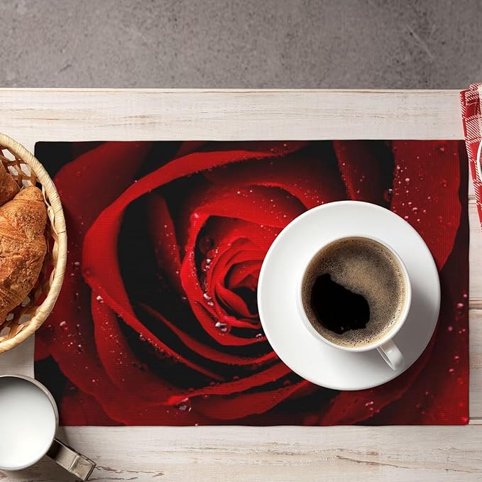 Red Rose Linen Table Placemats Set of 4 Romantic Floral Art Placemat Indoor Outdoor Party Home Desktop Kitchen Dining Room Decoration 12x18 Inch