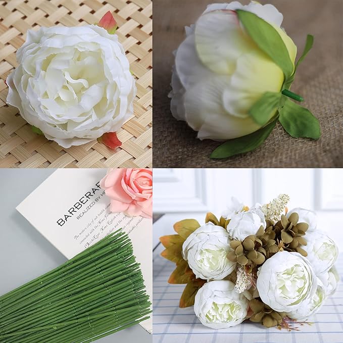 FagusHome 25 Pcs Silk Peony Artificial Flower Heads 4 inch Fake Peony Flowers Heads with Stems Artificial Peony Flower Heads in Bulk Wholesale for Wedding Home Decor (Off White)