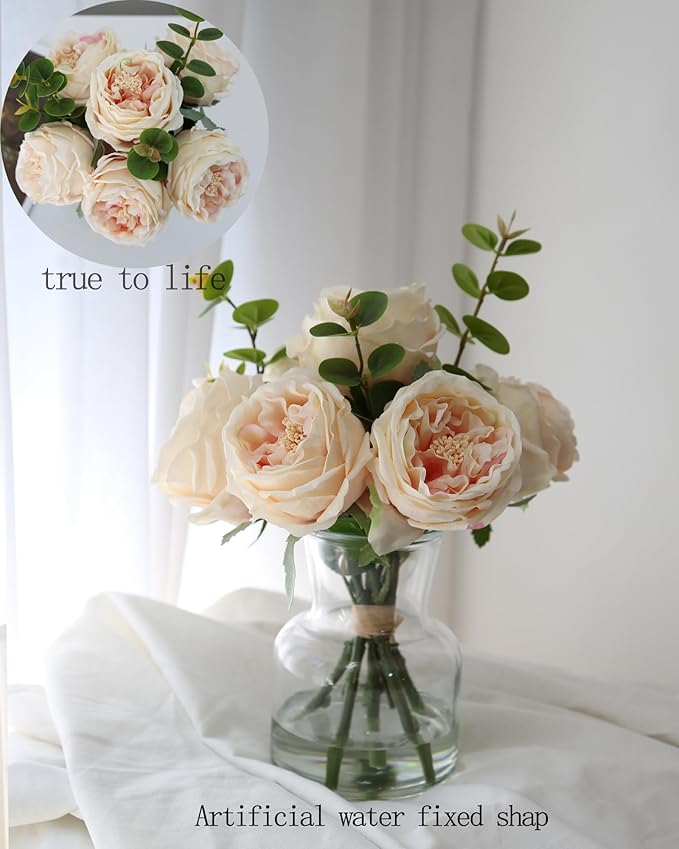Lifelike Artificial Champagne Roses in Vase - Eternal Table Centerpiece for Dining Room & Kitchen Decor - Faux Flower Arrangement with Realistic Petals
