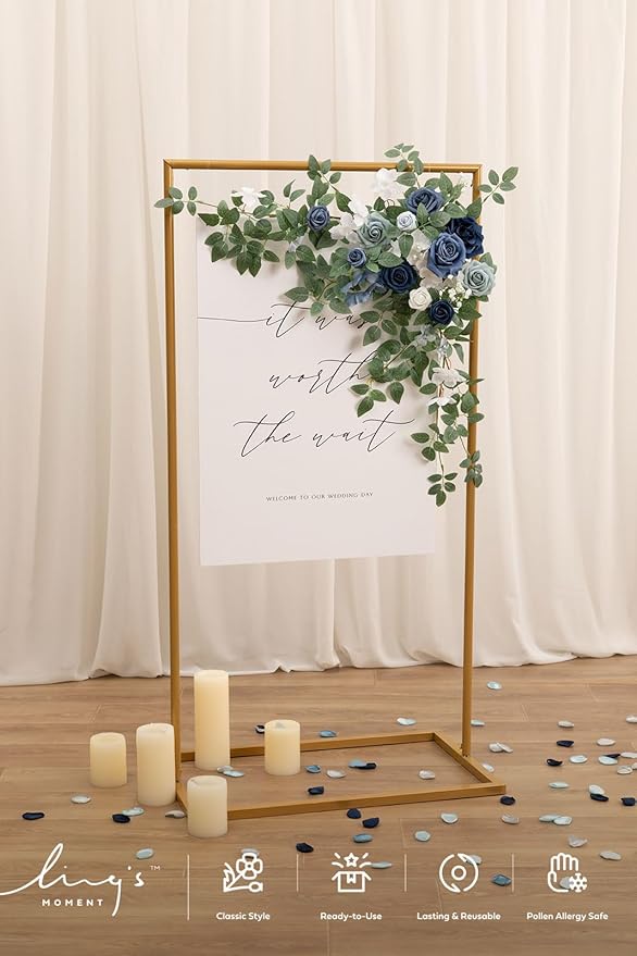 Ling's moment Wedding Artificial Welcome Sign Flowers Swag Arch Floral Garland Decorations Dusty Blue Navy for Ceremony Reception Entrance Entryway Party Banquets Easel Home Outdoor(NOT Include Sign)