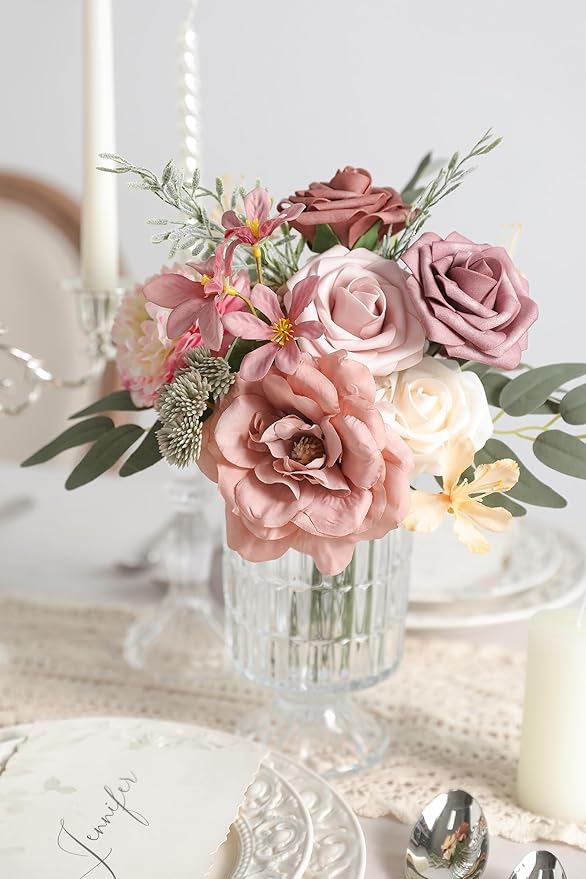 Dusty Rose Artificial Flowers Set - Fake Roses, Peonies, Silk Flowers with Stems for DIY Wedding Bouquets,Floral Arrangement,Table Centerpieces,Baby Shower, Home Decor