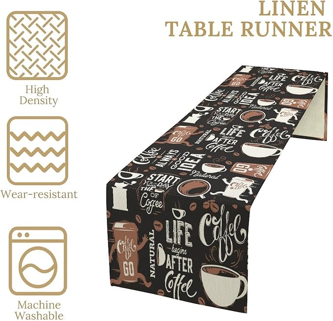 Coffee Theme Table Runner Coffee Time Retro Black Dress Scarves Farmhouse Dinner Runner for Kitchen Dining Coffee Table Decoration Cabin Home Holiday Party 13x36in