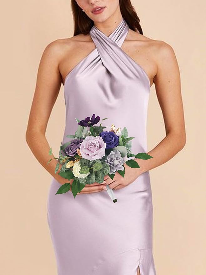 Rinlong 1Pc Purple Bridesmaids Bouquet Artificial Wedding Bouquets for Bridesmaid Silk Bouquet for Wedding Prom Homecoming