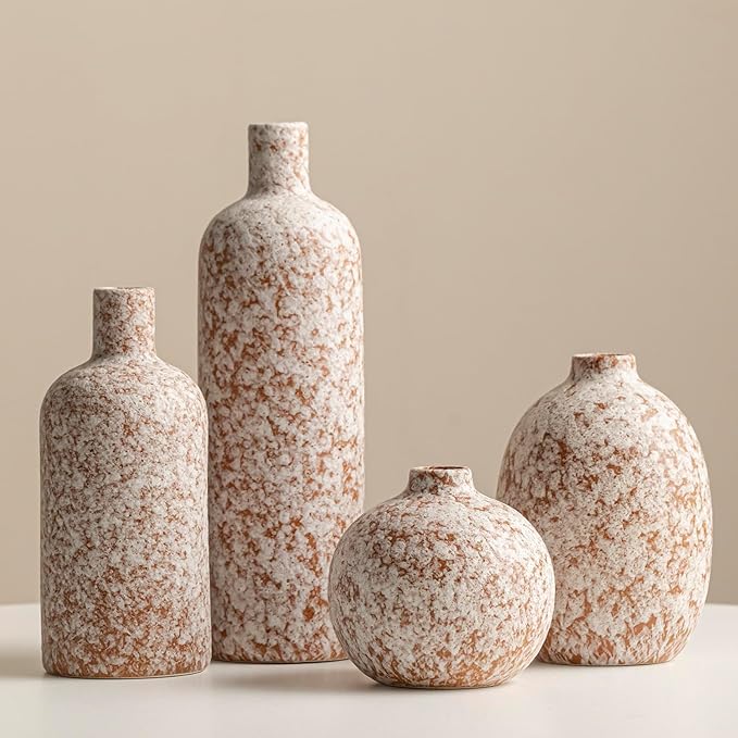 Modern Ceramic Vase Set, Neutral Colors, Decorative Vases for Home Decor, 4 Piece Collection (Stone)