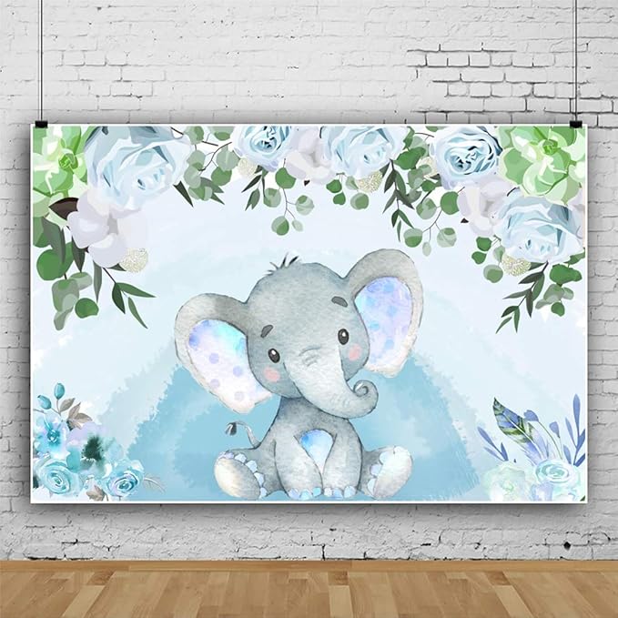 AOFOTO Flowers Baby Elephant Backdrop Light Blue 15x10ft Boy Gender Reveal Party Decorations Sweet Floral Baby Shower Photo Shoot Background for Photography Kids Child Birthday Photo Studio Props