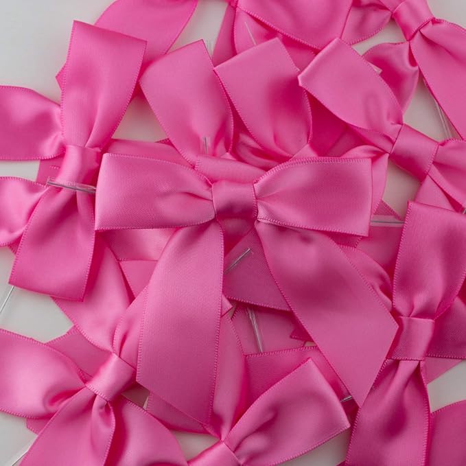 7Rainbows 30pcs Boutique 3.5" Hot Pink Satin Ribbon Twist Tie Bows for Tying Up Packages Gift Wrapping
