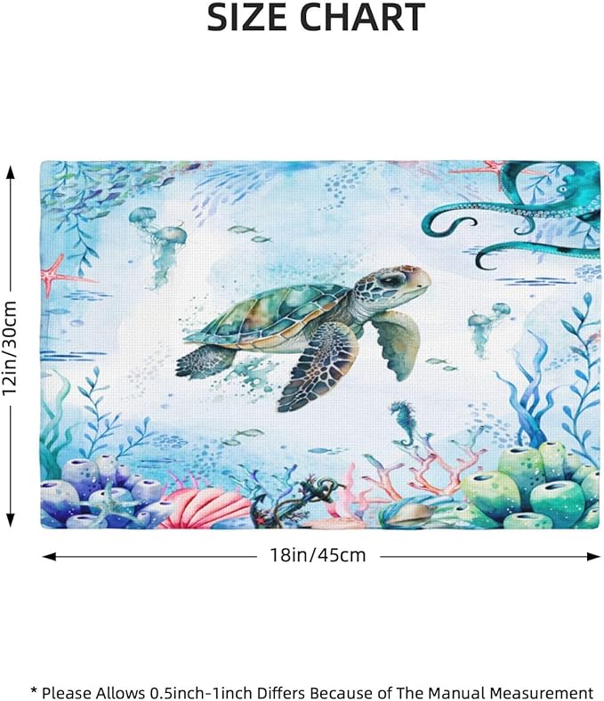 Turtle Ocean Placemats, Cartoon Blue Watercolour Ocean Coral Shell Seahorse Octopus Starfish Animal Print Washable Fabric Placemats Table Kitchen Dining Party 12x18 Inch Set of 4