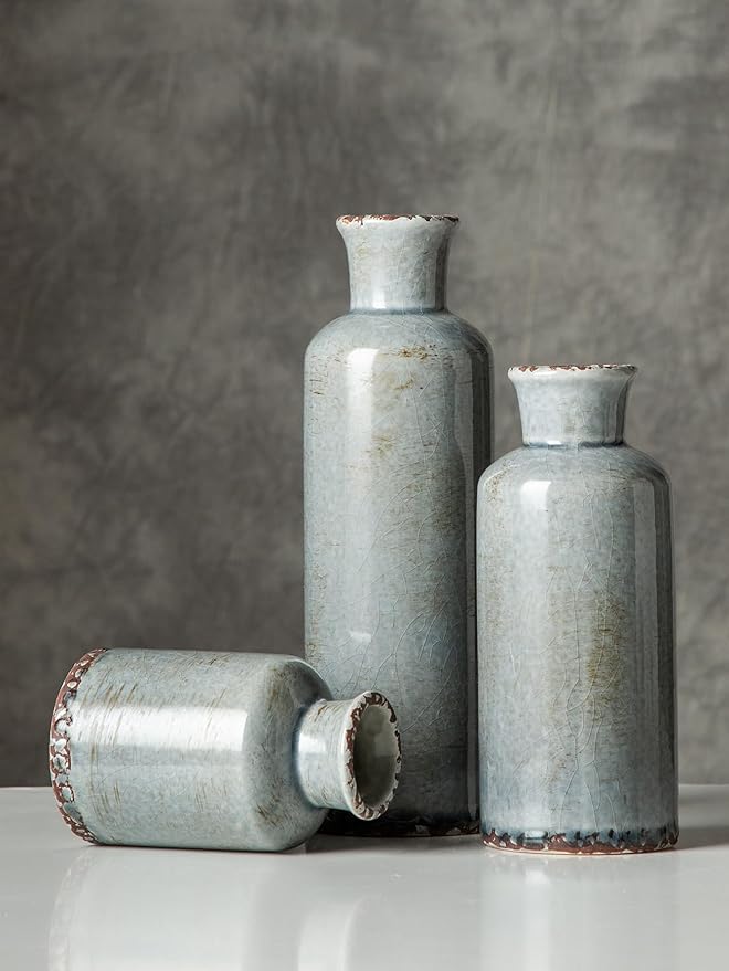 CwlwGO- Ceramic Rustic Vintage Blue Vase, Suitable for Home Decoration, 3 Piece Set of Glazed Decorative Vases, Kitchen, Bedroom.Living Room Table,Shelf Decorations.
