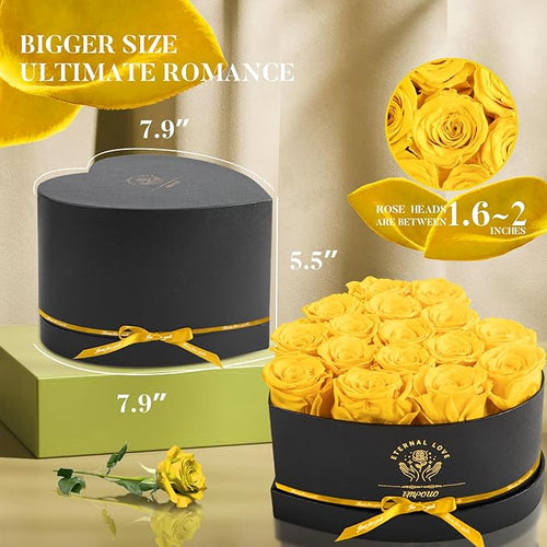 16-Piece Forever Flowers Heart Shape Box - Preserved Roses, Birthday Gifts For Women- Flower Delivery Prime, Valentines, Anniversary, Wedding Gifts- Yellow Roses