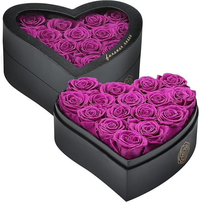 16 Forever Flowers in Heart Shaped Box - Preserved Roses Romantic Gifts for Her, Valentine’s Day, Anniversary, Wedding (Purple)