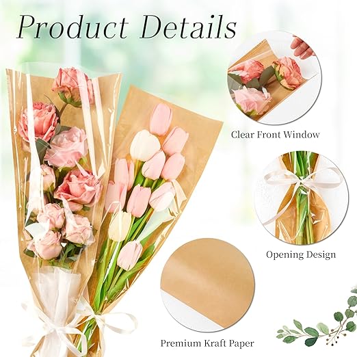 CLUEWR 50 PCS Flower Bags for Bouquets, Floral Wrapping Sleeves with Ribbons Florist Wrap Supplies, 24.8 x 8.7 Inches