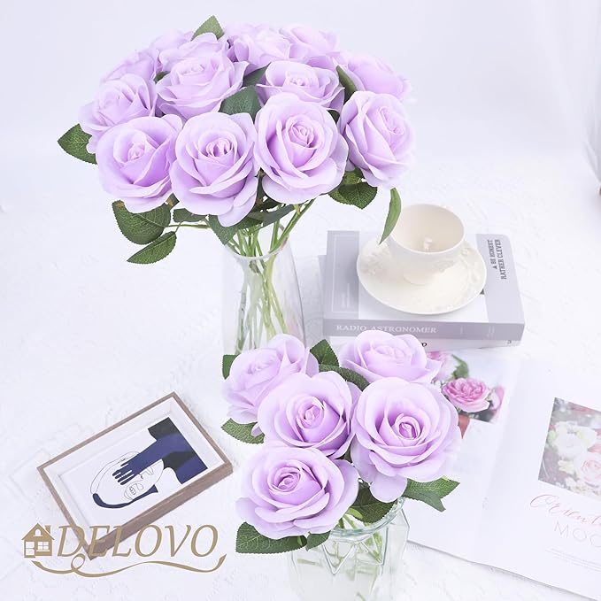 52pcs Lavender Roses Artificial Flowers Fake Flowers Silk Roses with Stems for DIY Wedding Bouquets Bridal Shower Centerpieces Arrangements Party Decorations
