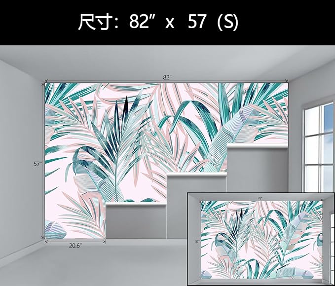 WFBHUA-Pink and Green Palm Leaf Wallpaper Large Self Adhesive Mural for Girls' Rooms 82"x57"