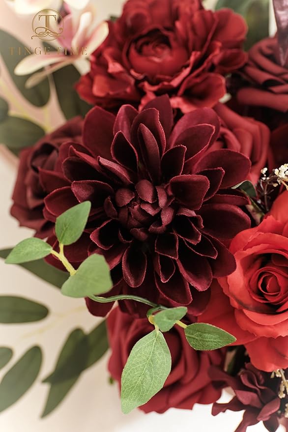 TINGE TIME 11 Inch Wedding Bouquets for Bride, Burgundy Artificial Flowers Bouquet, Brides & Bridesmaids Bouquet Tossing Bouquet for Wedding Anniversary Ceremony Bridal Shower Decorations