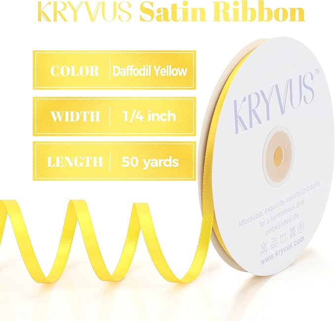 Daffodil Yellow Satin Ribbon, Double Faced 1/4 Inch X 50 Yards Daffodil Ribbon, Premium Satin Ribbon for Gift Wrapping, Crafts, Hair Bow Making, Sewing, Flower Bouquet, Wedding Party Decor