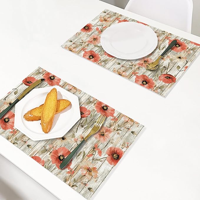 Placemats Set of 4 Waterproof Oilproof Table Mats Vintage Poppy Flowers Washable Wipeable Heat Resistant Easy to Clean for Indoor Outdoor Party Kitchen Dining Table Decoration 12 * 18in