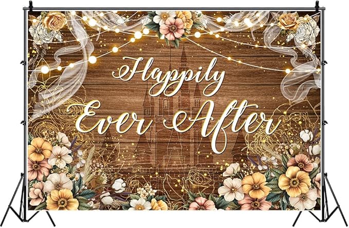 Happily Ever After Backdrop Bridal Shower Wedding Party Brown Wood Photography Background Boho Floral Golden Rose Dots Wedding Decor Banner Portrait Photo Booth Studio Props 7x5ft FU037YL