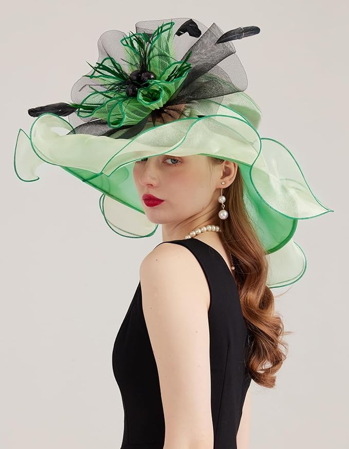 Organza Derby Hats for Women Wide Brim Fascinator Hat Rose Flower Wedding Tea Party Hat