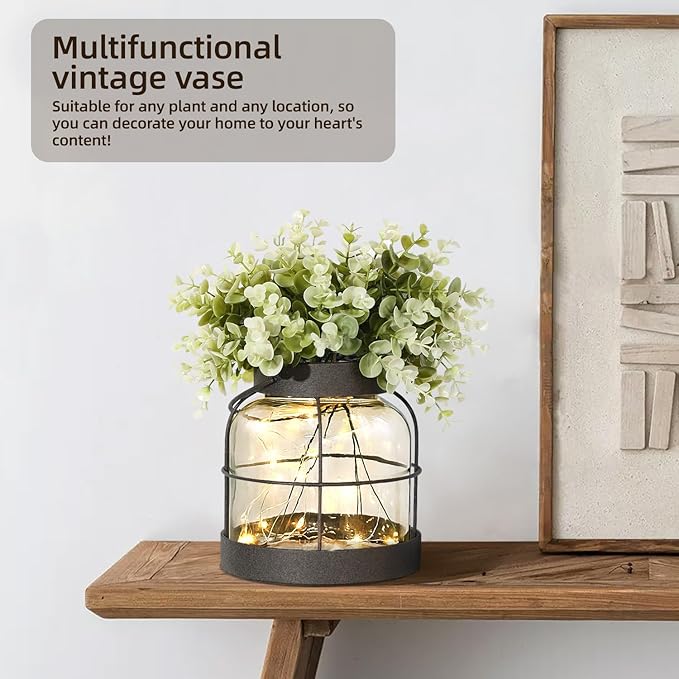 Vintage Glass Farmhouse Vase - Handmade Rustic Lantern Planter with Bonus Artificial Flowers & LED Lights (Home Decor Centerpiece), Farmhouse Wedding/Tabletop Decor, Housewarming Gift