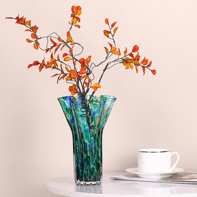 7.8" Tall Teal Vase Hand Blown Glass Vase Green, Modern Teal Home Centerpieces Wide Mouth Vases for Bud&Flower Decor - Ideal Living Room, Kitchen, Wedding, Dining Table, Office Center Table